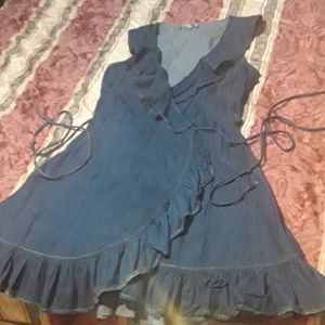 Denim wrap around ruffled dress